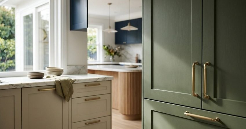 Open-plan kitchen showcasing colourful cabinetry with olive green shaker joinery and brushed brass handles in the foreground, off-white base drawers with marble benchtops, a curved fluted timber island, and deep navy wall cabinets in the background.