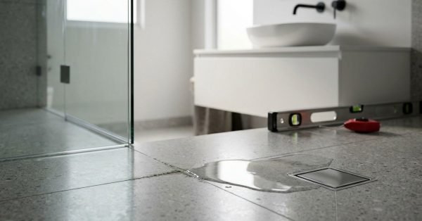 Water pooling on a grey terrazzo bathroom floor away from a square chrome insert drain due to improper floor slope, with a spirit level and red tape measure in the background near a floating vanity.