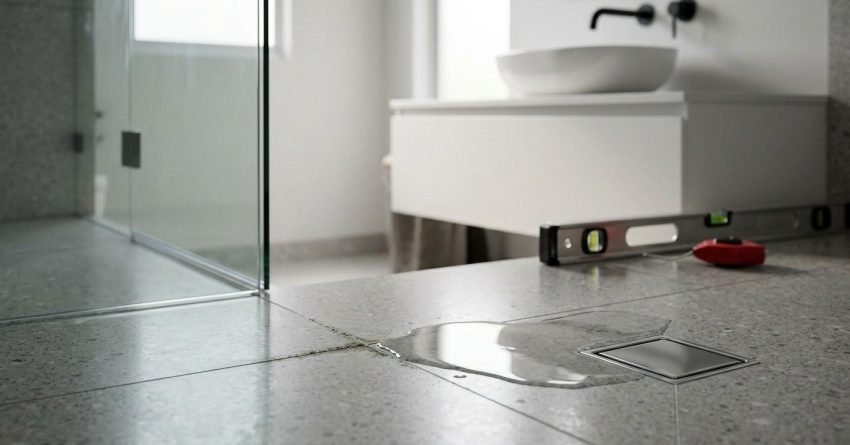Water pooling on a grey terrazzo bathroom floor away from a square chrome insert drain due to improper floor slope, with a spirit level and red tape measure in the background near a floating vanity.