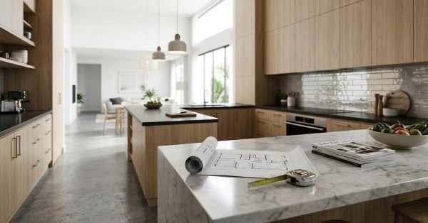 Open architectural blueprints and a retractable measuring tape on a Calacatta marble waterfall island in a modern, open-plan kitchen featuring light oak cabinetry, high ceilings, black benchtops, and pendant lighting.