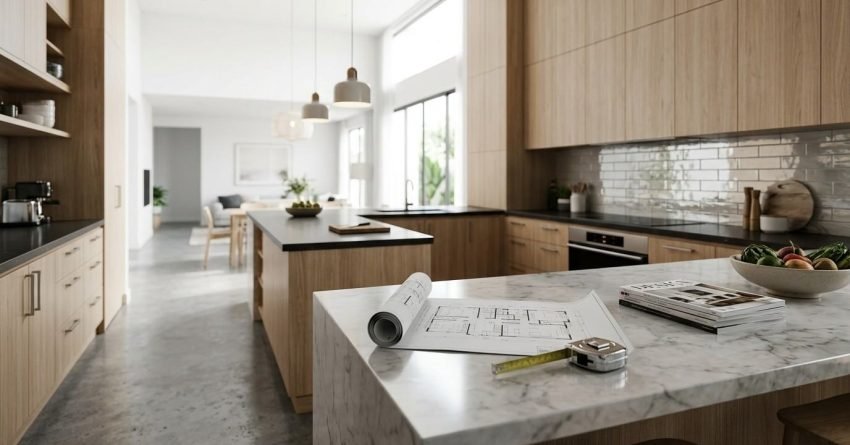 Open architectural blueprints and a retractable measuring tape on a Calacatta marble waterfall island in a modern, open-plan kitchen featuring light oak cabinetry, high ceilings, black benchtops, and pendant lighting.