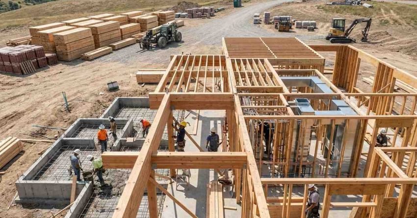 House under construction showing foundation framing plumbing and electrical systems as major building costs