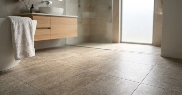 Primary Alt Text Low-angle view of newly laid, large-format textured beige travertine-look floor tiles with neat grout lines across a contemporary bathroom featuring a freestanding tub, floating timber vanity, and walk-in glass shower.