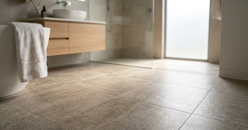 Primary Alt Text Low-angle view of newly laid, large-format textured beige travertine-look floor tiles with neat grout lines across a contemporary bathroom featuring a freestanding tub, floating timber vanity, and walk-in glass shower.