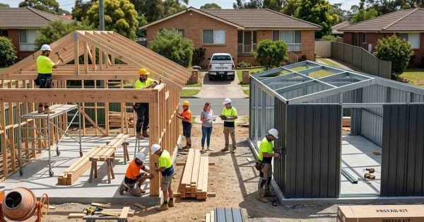 Split scene showing custom garage construction and prefabricated garage kit assembly at Australian home property