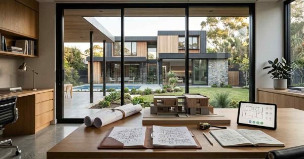 Architectural plans and a contemporary Australian home illustrating the Development Application approval process and renovation planning before construction begins.