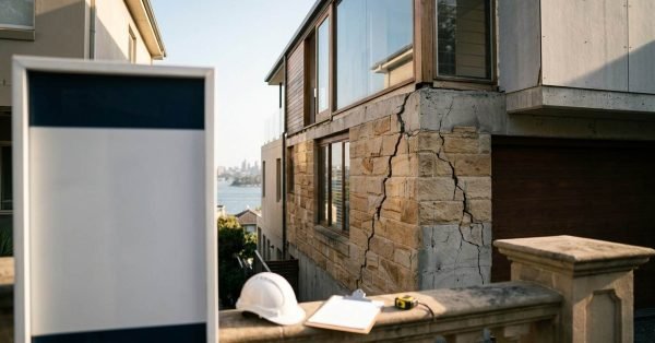 Major structural cracks and foundation failure running through the sandstone and concrete exterior wall of a multi-storey house, viewed beside a building inspector's hard hat, clipboard, and tape measure on a stone balustrade overlooking Sydney harbour.