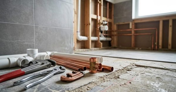Plumbing tools, copper pipes, PVC drainage fittings, and pipe cutters arranged on a subfloor in the foreground, with exposed timber wall studs showing rough-in water and waste pipework during a bathroom renovation.