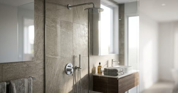 Modern walk-in shower with large-format textured stone tiles, chrome overhead rain shower, handheld wand, thermostatic mixer, and a frameless glass screen reflecting a floating walnut vanity.