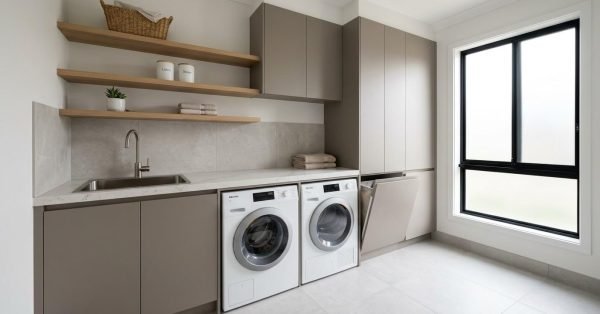 Professionally renovated Australian laundry with custom cabinetry, engineered stone benchtop, integrated appliances, and premium finishes designed to enhance home value and buyer appeal.