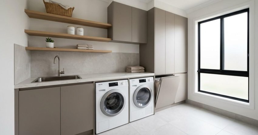 Professionally renovated Australian laundry with custom cabinetry, engineered stone benchtop, integrated appliances, and premium finishes designed to enhance home value and buyer appeal.