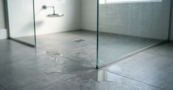 Water splashing and leaking past a frameless glass shower screen onto grey bathroom floor tiles, showing water spots on the glass panel and an open curbless shower entrance.