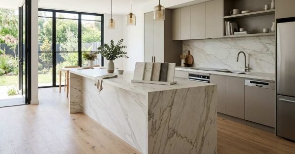 Contemporary Australian kitchen featuring premium engineered stone benchtops with waterfall edges and stone samples illustrating material options for comparing styles, finishes, and costs.