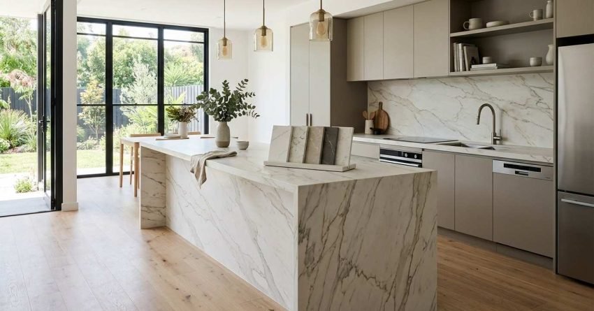 Contemporary Australian kitchen featuring premium engineered stone benchtops with waterfall edges and stone samples illustrating material options for comparing styles, finishes, and costs.