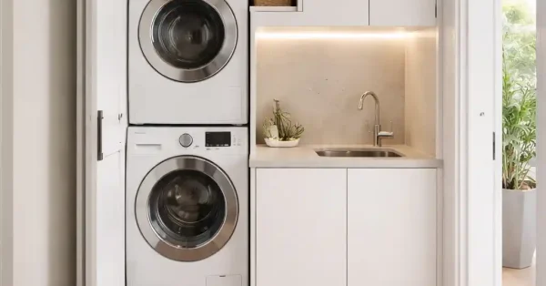European laundry design with stacked washer and dryer hidden inside built-in cabinetry in a modern Sydney apartment.