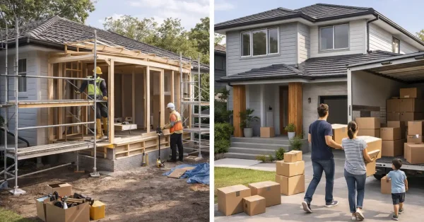 Split scene showing a home extension under construction beside a family moving house, illustrating the decision between extending or relocating in Sydney.