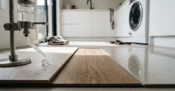 Laboratory dropper apparatus conducting a liquid resistance test on three flooring samples—textured porcelain tile, wood-grain luxury vinyl plank, and polished sealed terrazzo—inside a modern pet-friendly laundry room.