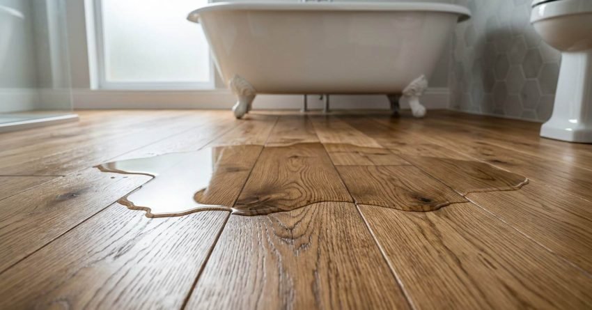 Low-angle view of standing water pooled across solid hardwood floorboards in front of a white clawfoot bathtub and toilet, showing moisture seeping into the wooden plank seams.