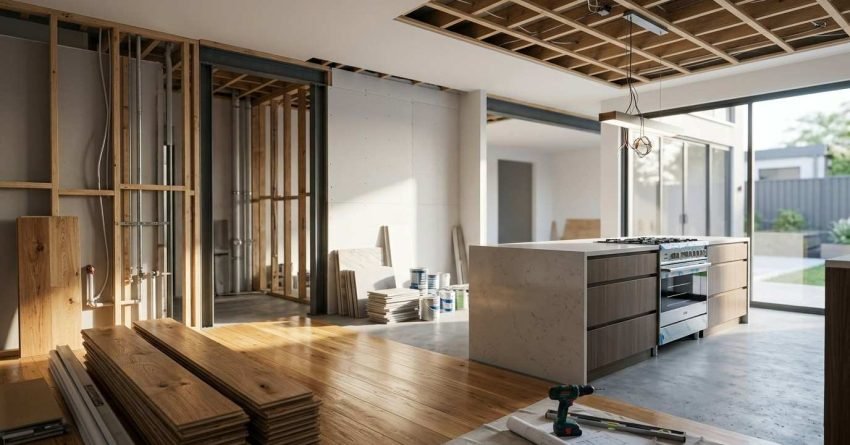 Open-plan kitchen and living area undergoing major renovation, featuring exposed wall stud framing, stacked hardwood floorboards, a partially installed waterfall kitchen island, and an exposed timber ceiling grid.