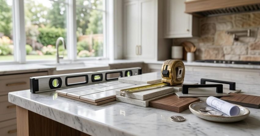 Kitchen island countertop displaying contractor tools including a spirit level and tape measure alongside white subway tile samples, quartz stone slabs, cabinet hardware, wood swatches, and small rolled blueprints.