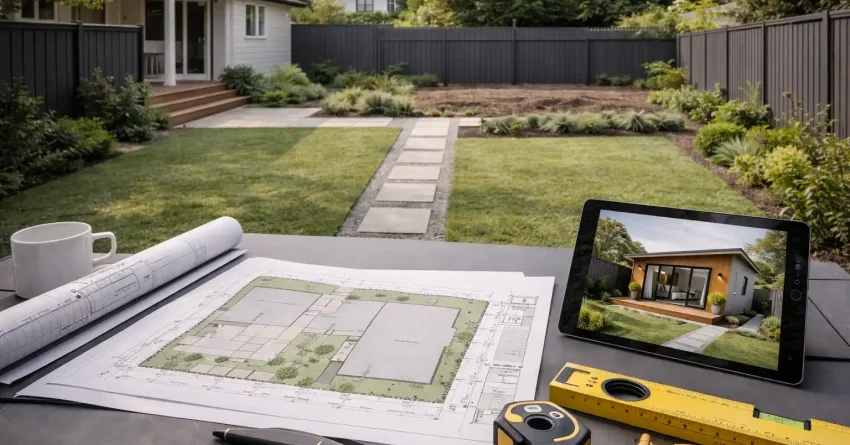 Architectural site plans and documents for granny flat approval process on a Sydney residential property.