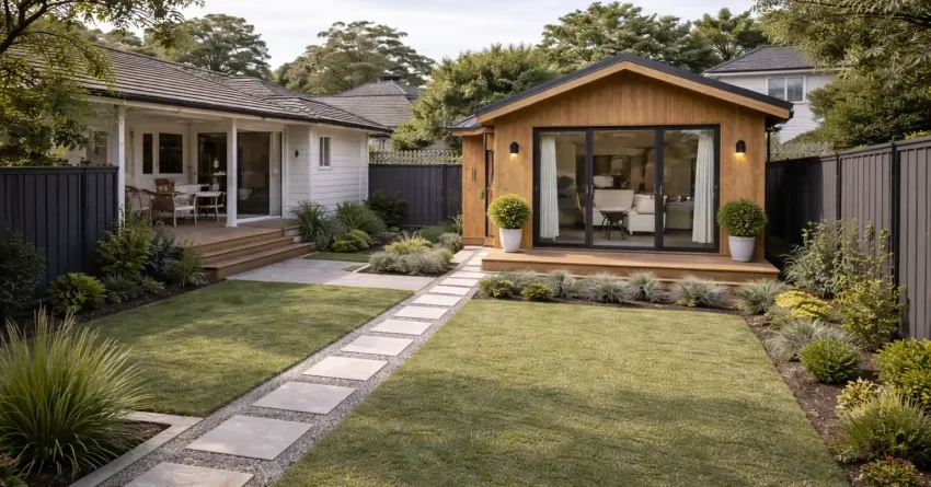 Detached granny flat used as a rental investment property behind a Sydney suburban home with landscaped backyard.