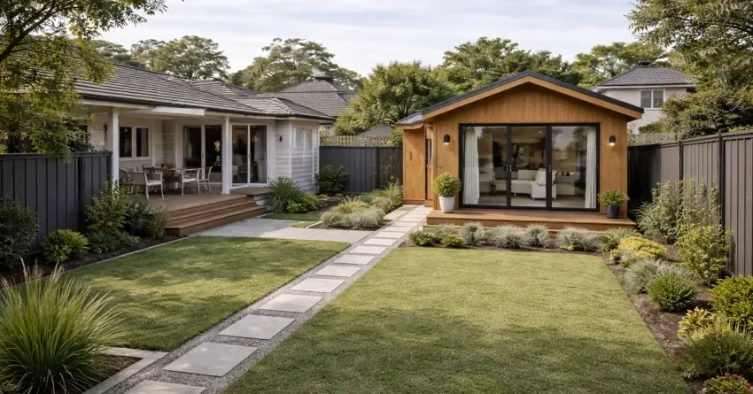 Sydney backyard showing a compliant granny flat positioned behind the main house with proper setbacks and residential landscaping.