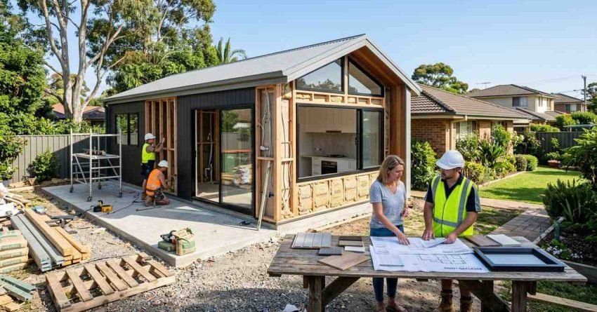 Modern Australian granny flat under construction with homeowner reviewing building costs and architectural plans
