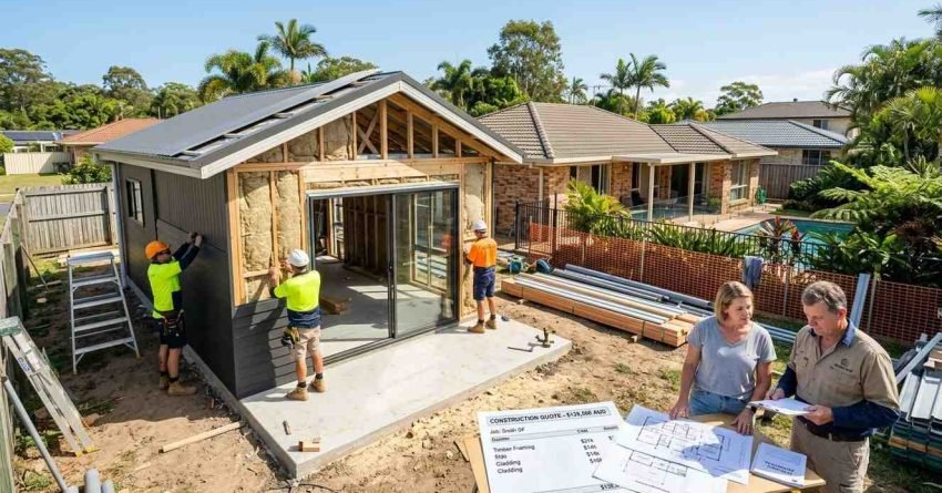 Modern Queensland granny flat under construction with homeowner reviewing building costs and architectural plans