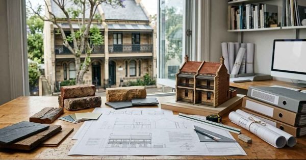 Architectural plans and heritage renovation materials prepared for the permit approval process before restoring a heritage-listed Sydney home.