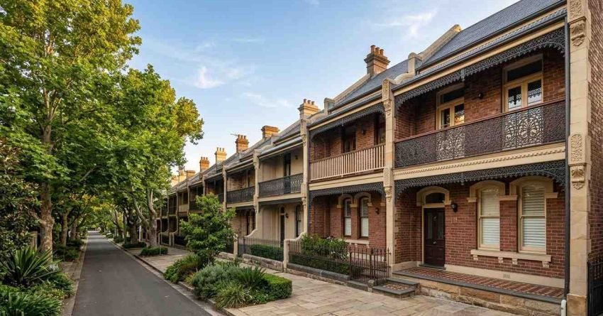 Heritage-listed Victorian terrace homes in Sydney featuring preserved brick facades, ornate cast-iron lace balconies, decorative sandstone detailing, and tree-lined streets, showcasing the architectural character and heritage significance of traditional Australian residential properties.