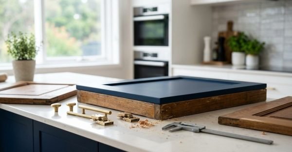 Kitchen cabinet refacing demonstration featuring a modern navy blue shaker door panel fitted onto an old rustic timber cabinet frame, laid on a white quartz kitchen island beside brushed brass cabinet hardware, hinges, wood shavings, and a precision vernier caliper.