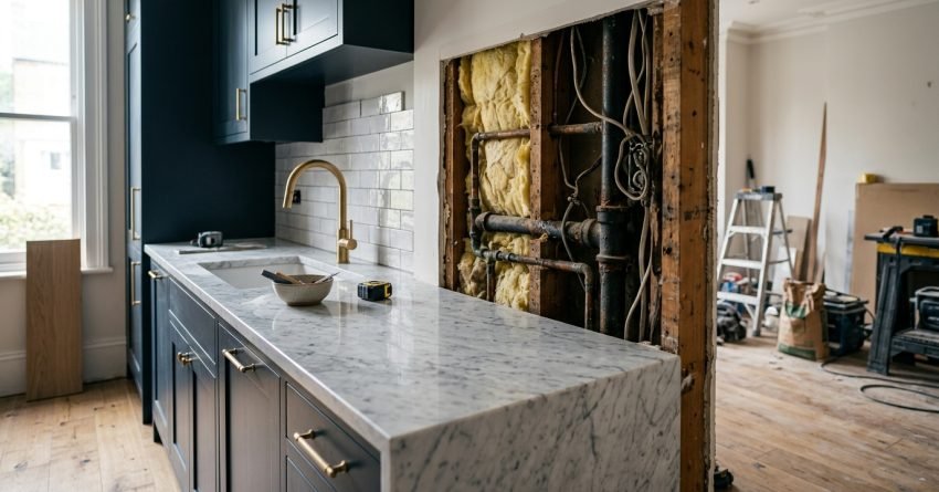 Partially renovated kitchen with exposed plumbing and insulation behind a wall, highlighting hidden renovation costs.