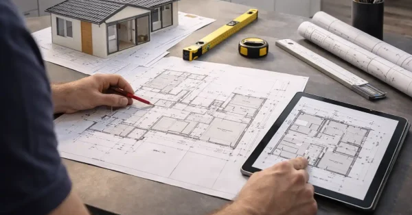 Architectural plans and blueprints for a home extension showing the planning and permit process for a Sydney bathroom renovation.