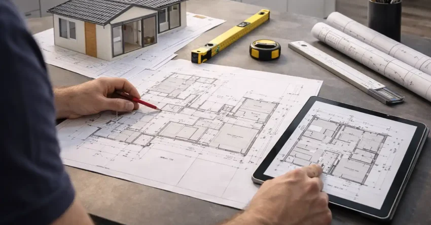 Architectural plans and blueprints for a home extension showing the planning and permit process for a Sydney bathroom renovation.