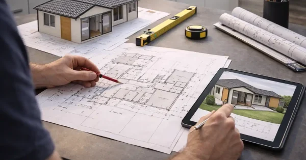 Architect reviewing architectural blueprints and floor plans for a modern home extension design project in Sydney.