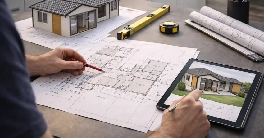 Architect reviewing architectural blueprints and floor plans for a modern home extension design project in Sydney.