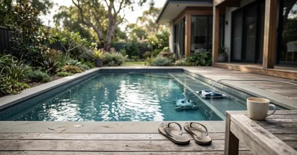 In-ground swimming pool with stone coping and timber decking in a landscaped backyard, featuring a pair of flip-flops poolside, a coffee mug on a wooden table, and an automatic pool cleaner submerged in the water.