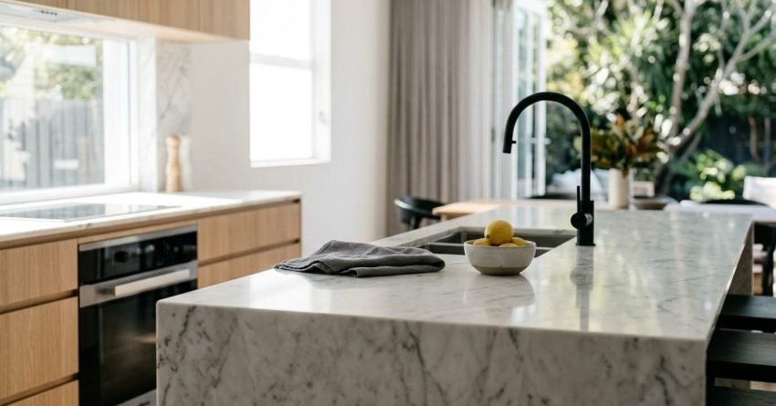 Modern open-plan kitchen featuring a waterfall Carrara marble island bench, matte black gooseneck pull-out mixer tap, bowl of lemons, light oak flat-panel cabinetry, and integrated appliances opening to an outdoor patio.