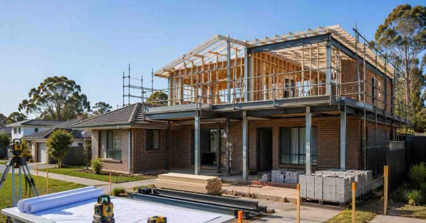 Sydney home prepared for a second-storey addition with structural reinforcement, scaffolding, surveying equipment, and engineering plans representing the NSW development approval process.