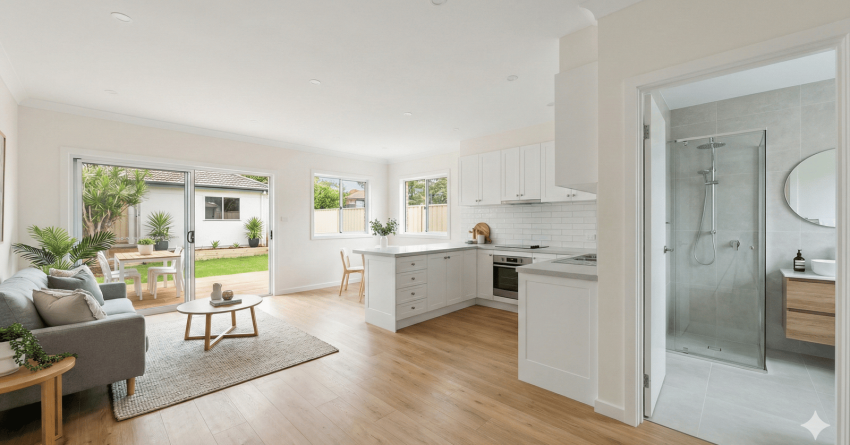Light-filled open-plan living space featuring a modern white kitchen, timber flooring, lounge area with sofa, sliding doors to a garden patio, and an adjacent ensuite bathroom with glass shower.