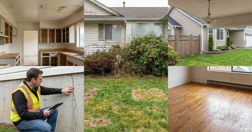 Home appraiser inspecting property with cracks water damage outdated features and poor curb appeal affecting appraisal value
