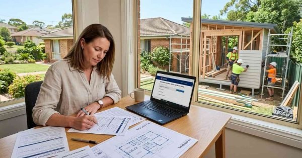 Australian homeowner completing granny flat grant paperwork beside modern backyard granny flat construction project