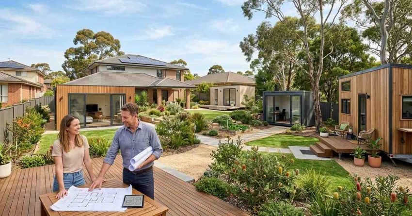 Modern Australian backyard featuring tiny home modular studio garage conversion and alternative granny flat living options