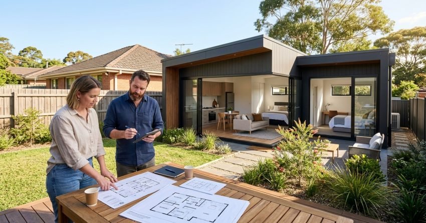 Modern Australian granny flat with multiple bedroom layout and homeowner reviewing architectural floor plans
