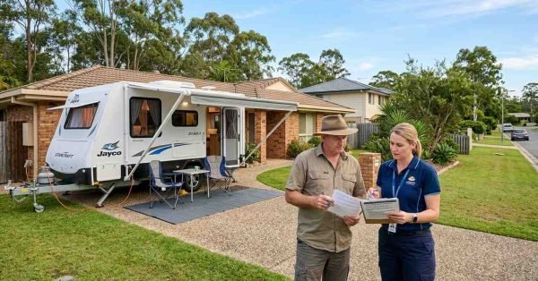 Caravan parked on Queensland residential property while homeowner reviews council documents with advisor