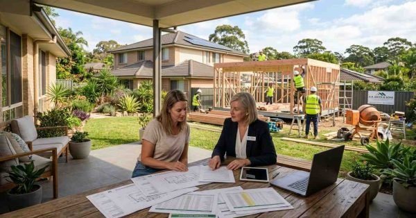 Homeowner reviewing granny flat loan documents and construction plans beside backyard building project