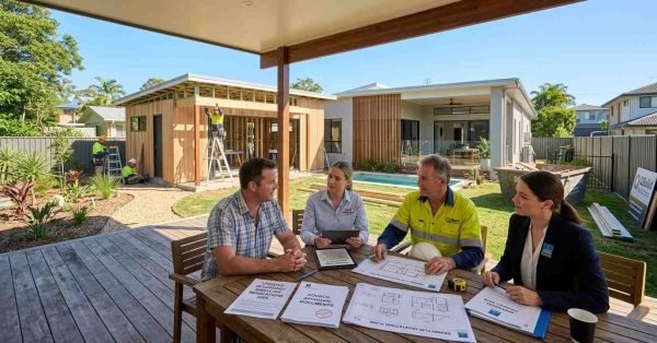Queensland homeowner reviewing 2026 granny flat regulations beside modern secondary dwelling under construction