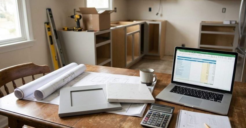 Homeowner planning kitchen renovation budget with design plans materials and calculator on table