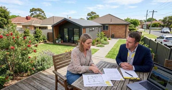 Homeowner and real estate agent reviewing granny flat property documents beside modern backyard secondary dwelling